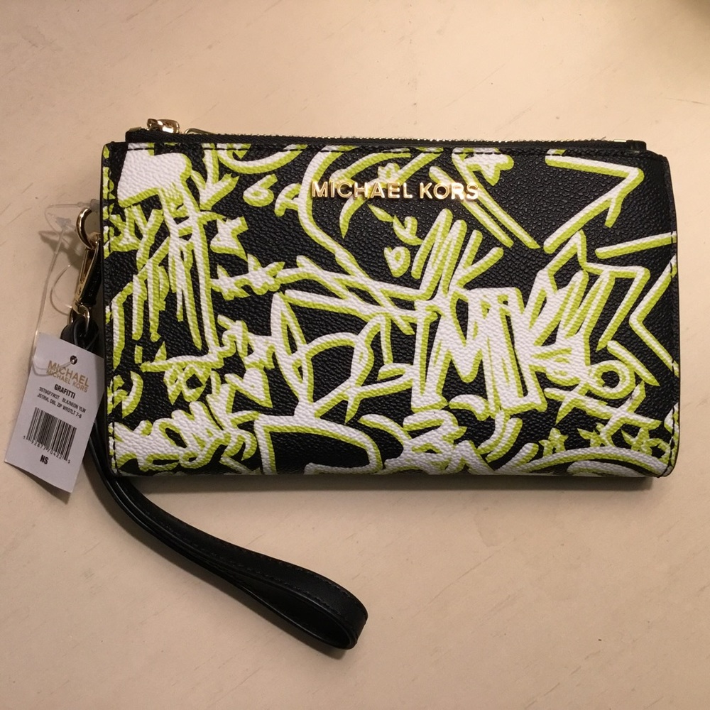 Michael Kors Graffiti Black & Neon Green Wallet/Wristlet, NWT
